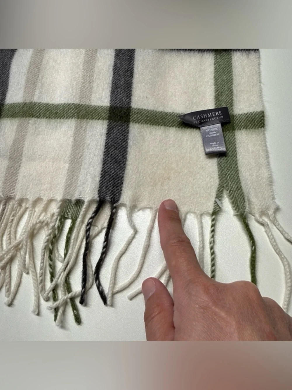 Charter Club Men’s Scarf Nova Check 100% Cashmere Cream Gray Green Preppy 10x62